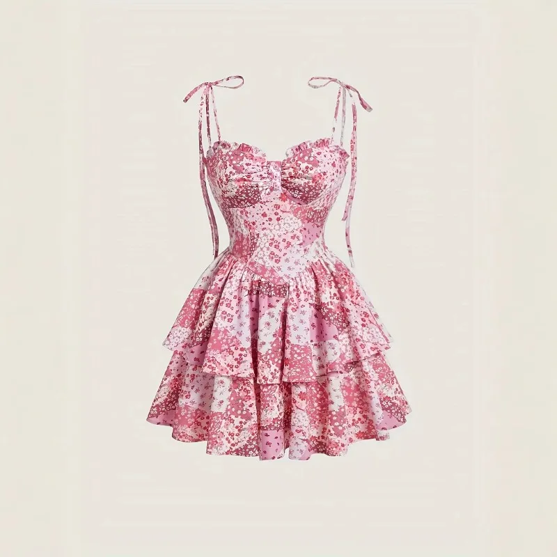 Vintage Dress Woman Floral Print Slip Sundress 2026 Summer Lady Lace Up Halter Ruffle Tunic Rose Flower Mini Beachwear Dresses