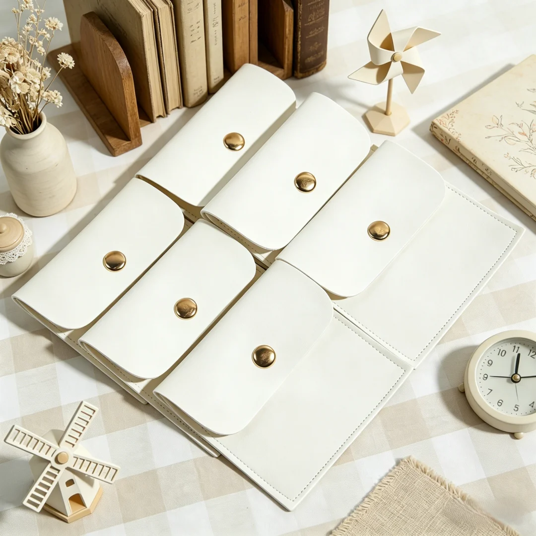 5Pcs Classic White PU Leather Bags with Gold Snap Closure Soft Storage Pouches for Jewelry and Various Small Items for Party Use