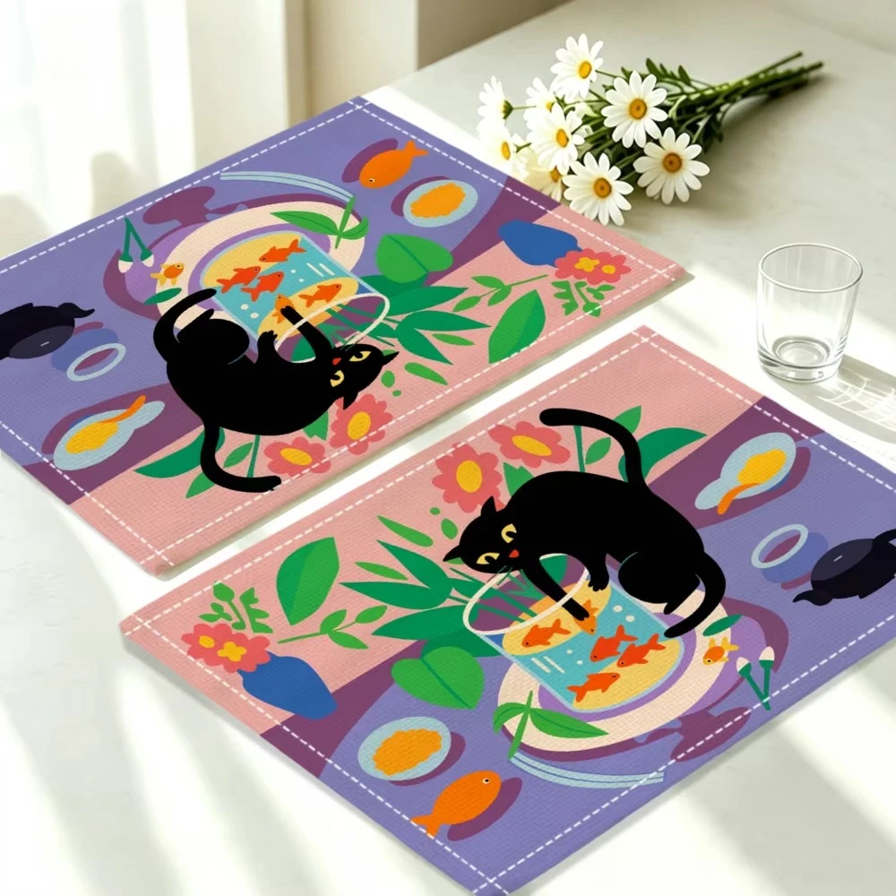 Black Cat Fishing Placemats 4pcs, Washable, Perfect for Everyday or Holiday Dining Table Mats