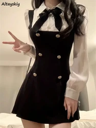 Fake Two Pieces Dresses Women French Preppy Style Sweet Bow Buttons Long Sleeve A-line Mini Girls Flatering Waist Slender Design