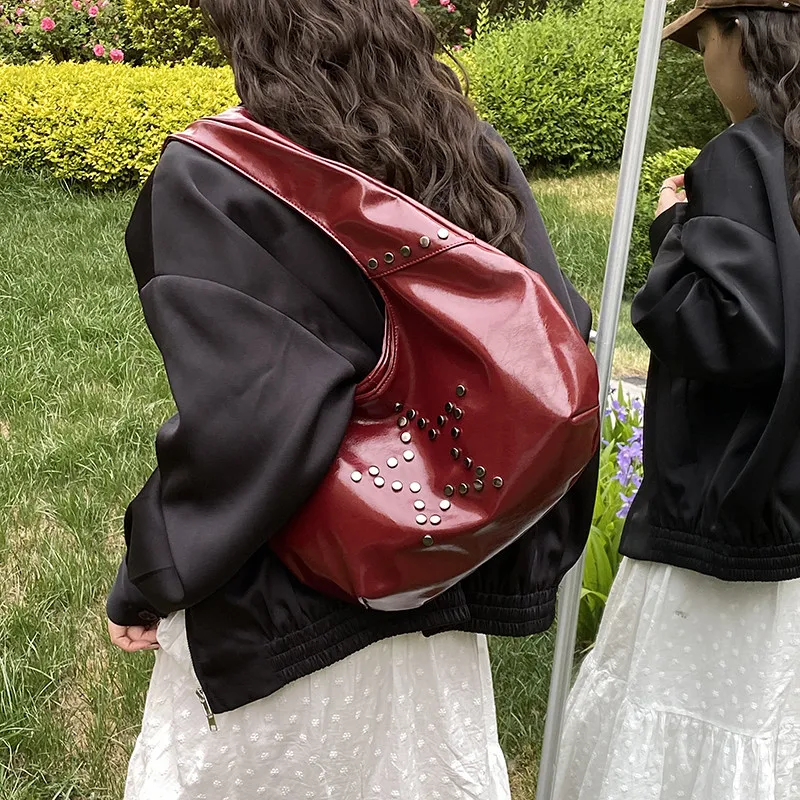 

Y2k Grunge Star Beading Red Underarm Bag Women Rivet Leather Large Capacity Handbag Hobos Bag Ladies Casual Shoulder Bags New