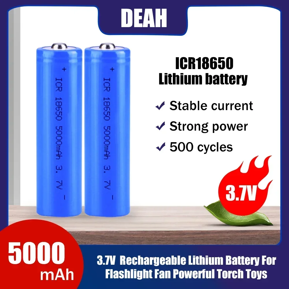 High Capacity ICR18650 18650 3.7V 5000mAh Lithium Rechargeable Battery with Pointed (No PCB) For Flashlight Powerful Torch Toys