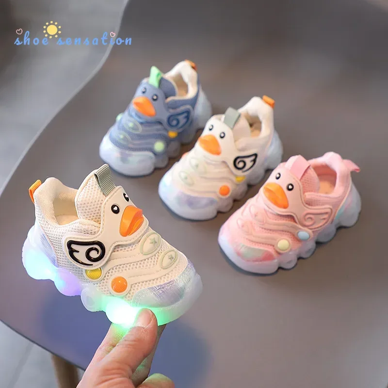 Children Led Casual Shoes Boys Girls Breathable Mesh Sports Shoes Cute Cartoon Duck Sneakers Toddler Glowing Tennis Shoes