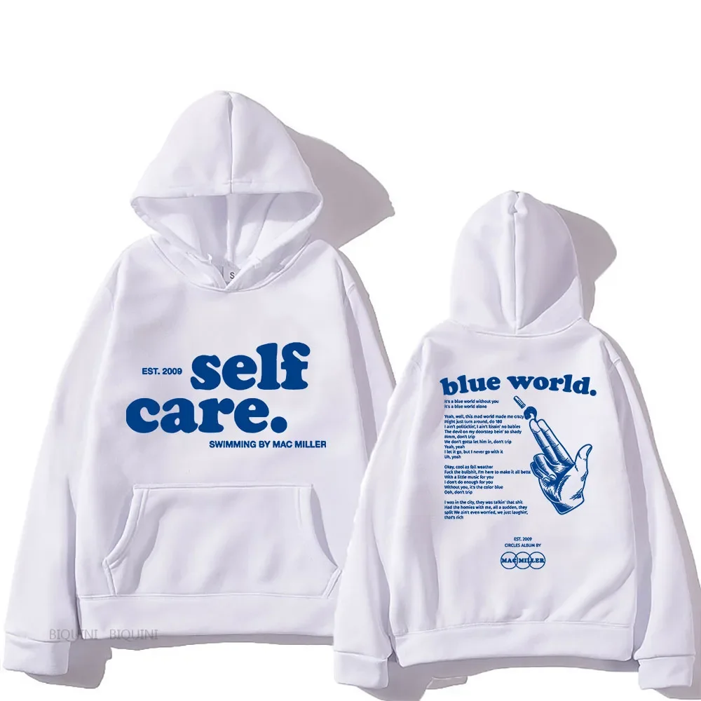 Macc Miller Self Care Blue World Letter Print Hoodies Fleece Sweatshirts Y2k Tops Long Sleeve Sweater Sense of Design Pullovers