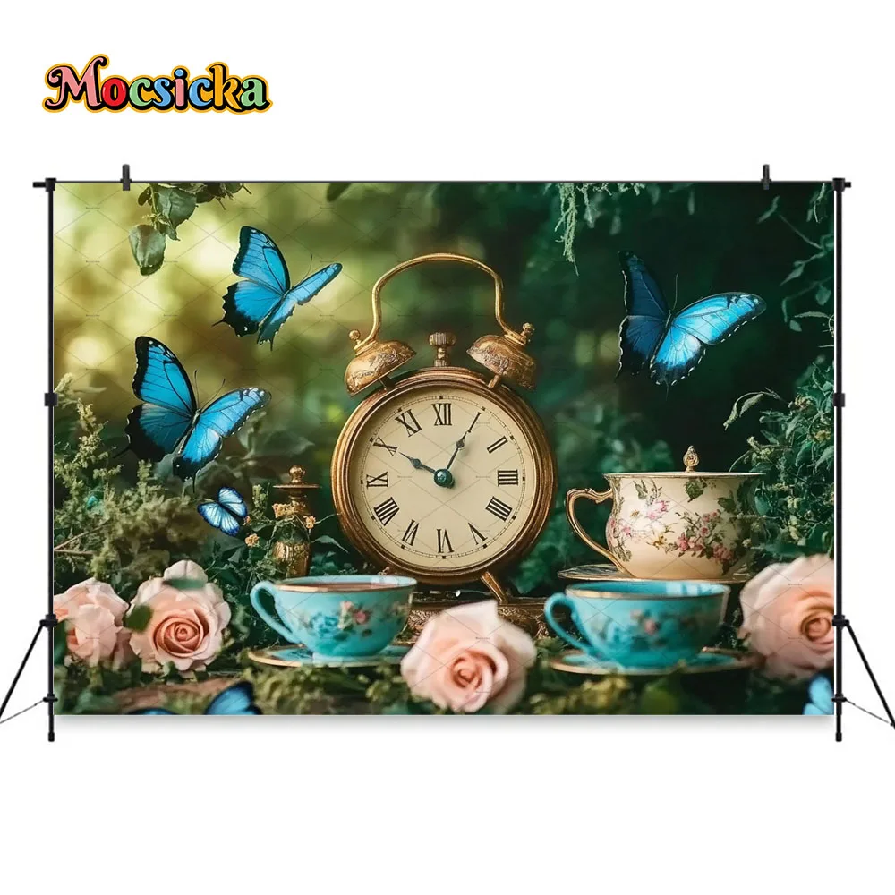 สีเขียว Wonderland พื้นหลังการถ่ายภาพนาฬิกาผีเสื้อสีฟ้าป่าฉากหลังตกแต่งเด็กทารกเค้กวันเกิด Smash Photozone Studio
