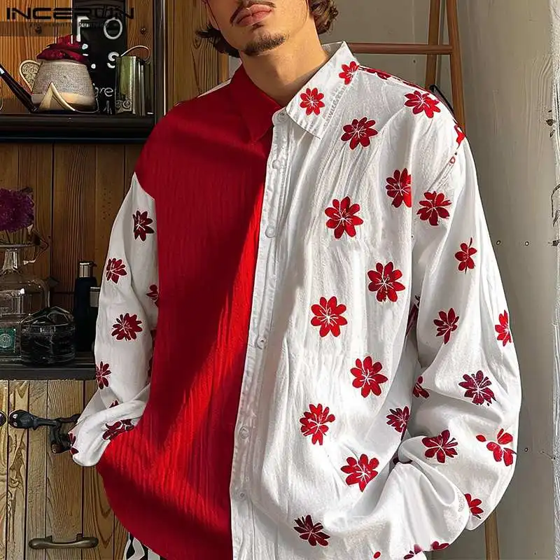 INCERUN Spring Autumn Men Shirts Long Sleeve Fashion Patchwork Floral Printing Lapel Casual Tops Tee Men's Clothing Streetwear