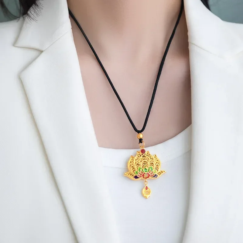 

9999 Real Gold 24K Black Rope Pendant Enamel Color Flower Silk Fu to Vintage Big Peacock Pendant for Mom Accessories