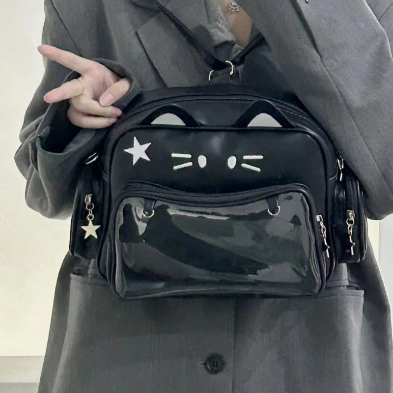 Japanese Ears Itabag Backpack with Pin Display Clear Pocket Adjustable Straps Shoulder Bag Fashion Black Y2K Schoolbag