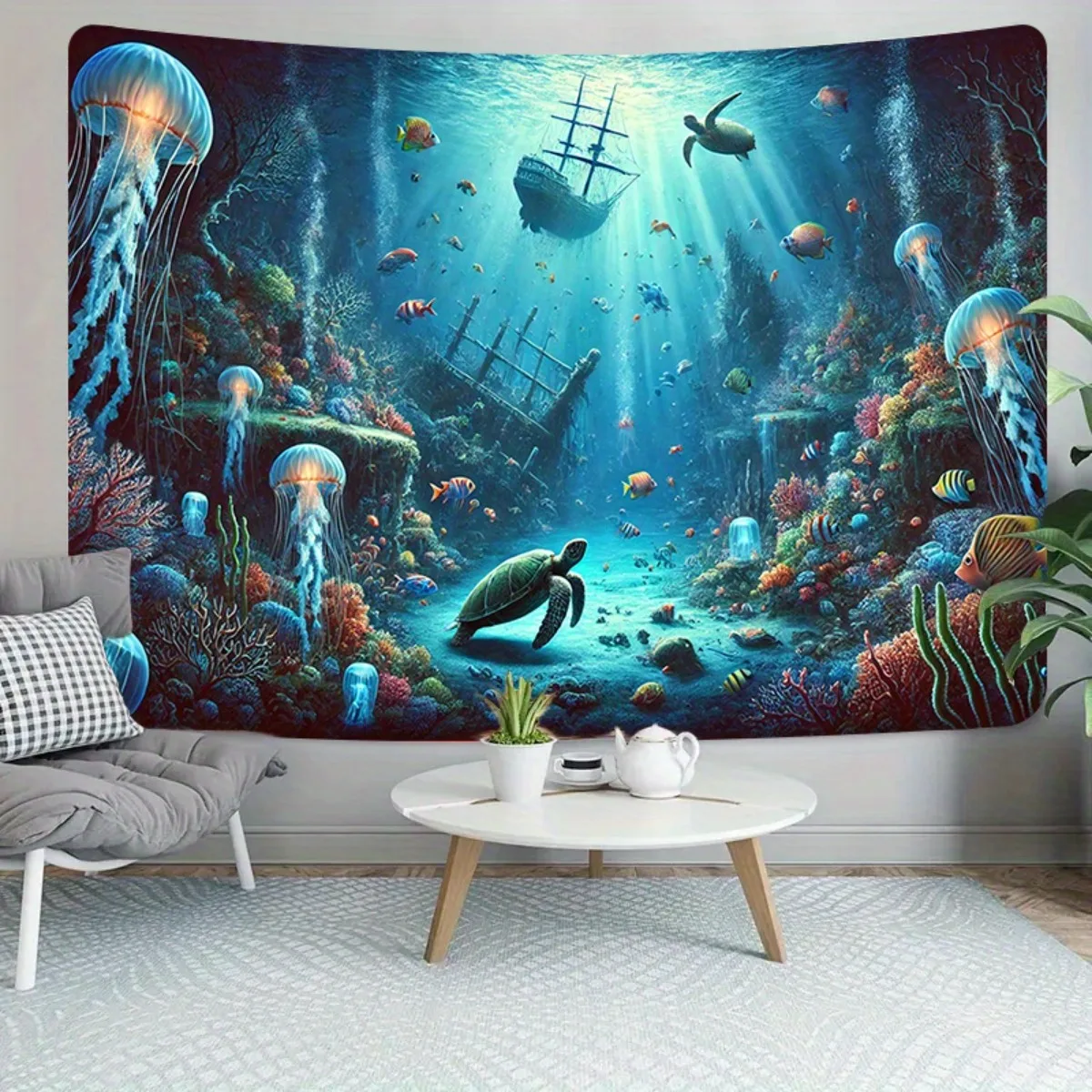 Underwater World Ocean Tapestry Coral Reef Jellyfish Shipwreck Wall Hanging Art Decor for Home Living Room Party