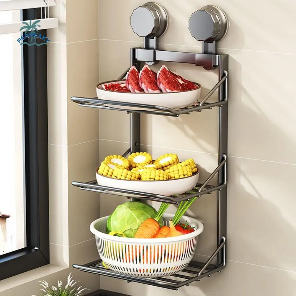 

3-слойный складной лоток на присоске для хранения, лоток для приготовления пищевых продуктов из углеродистой стали без перфорации, настенный компактный лоток