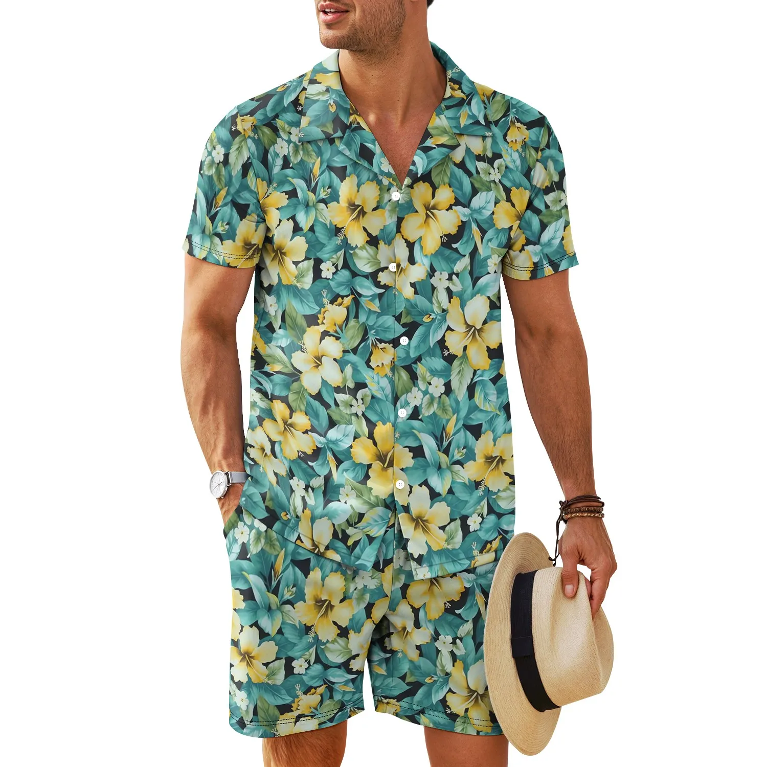 Palm Tree Tropical Men's Degree 3D Printed Hawaiian Shirt and Shorts Set Casual Fashion Short Sleeve Shirt Set for Stylish Summe