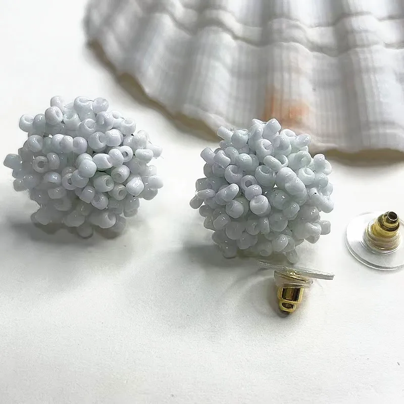 BEST SELLER COLOR - White 15mm Small Seed Bead Stud Earring Set - Mini White Beaded Stud Earrings Pack - 10 pair/set