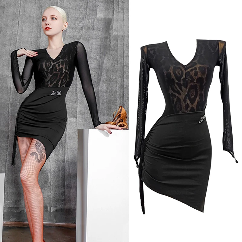 

2024 New Latin Dance Performance Dress For Women Sexy Mesh Perspective Long Sleeved Dress Adult Chacha Rumba Latin Wear DN7539