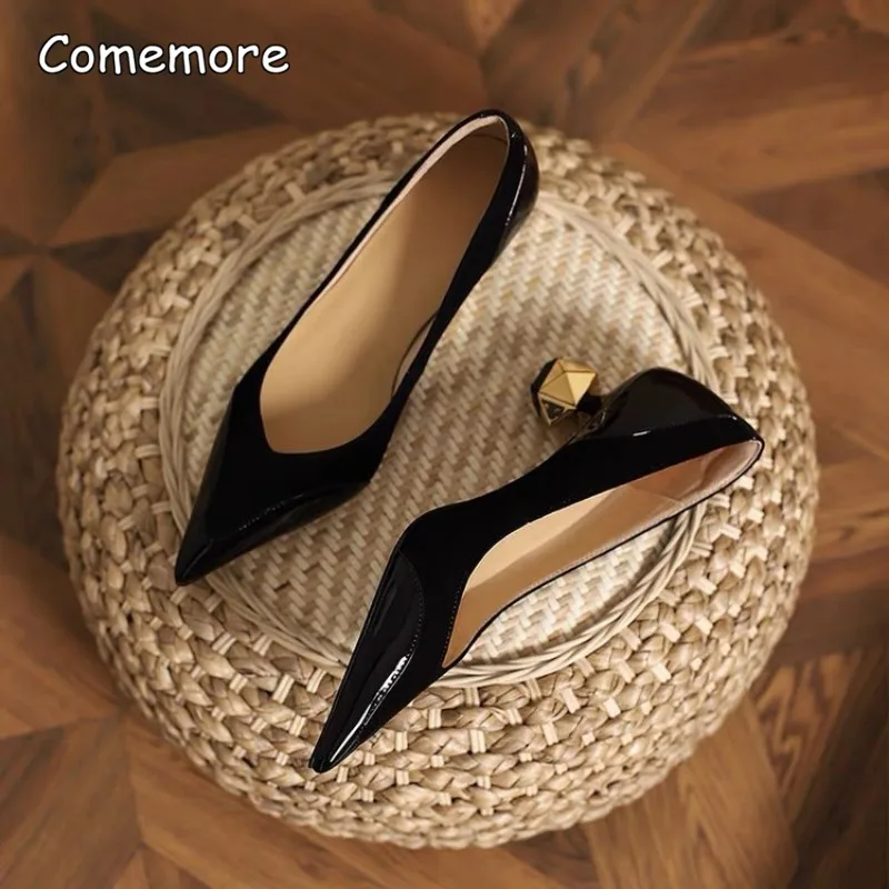 Comemore Shallow Mouth Fashion Women\'s Shoe Summer 2023 New Classic Pointed Thick Heel Female Pumps Retro Ladies Heeled Shoes 39