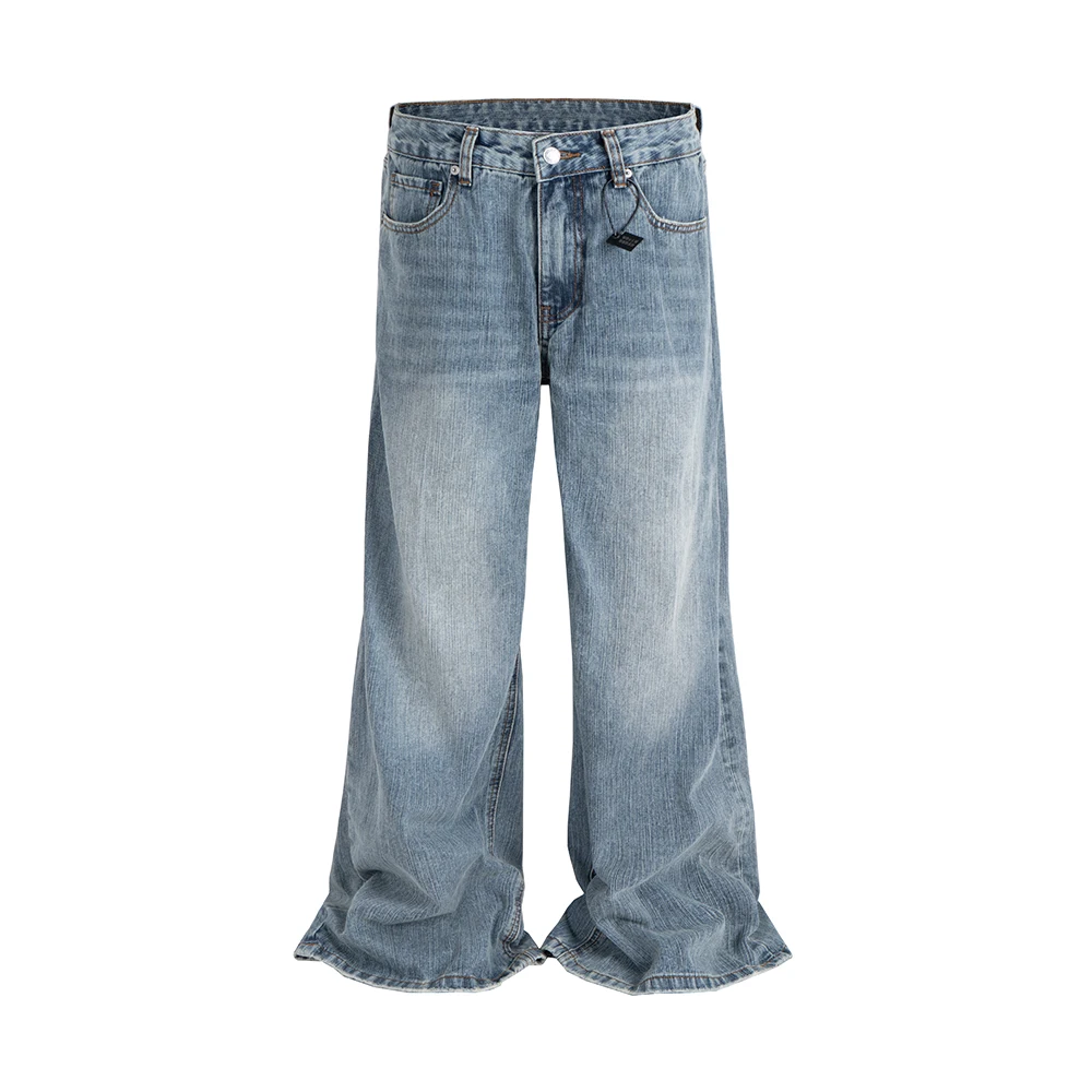 

Streetwear Ruffled Design Washed Blue Micro Flared Denim Pants Solid Color Wide Leg Baggy Jeans Oversized Loose Casual Cargos