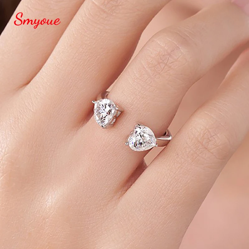 Smyoue 2CTTW Heart Cut Moissanite Open Rings for Women Trendy Wedding Party Band Real 100% 925 Silver Jewelry Birthday Gifts
