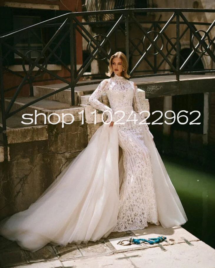 Long Sleeve Lace Bolero Mermaid Wedding Dresses with Detachable Skirt Gillter Pearls Applique Princess Bridal Gown Customsized