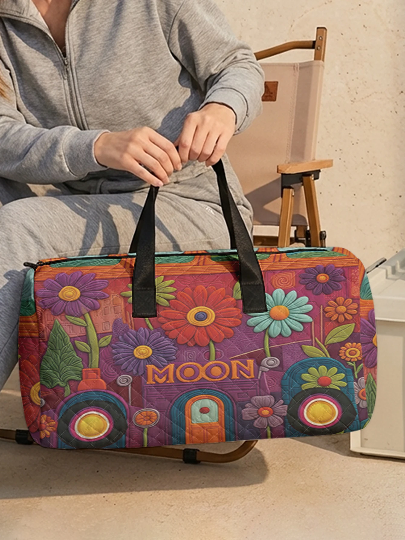 1pc, Two styles, Colorful Floral Moon Vintage Bus Printed Duffle Bag Portable Handbag suitable for Weekend Trip Sports Shopping
