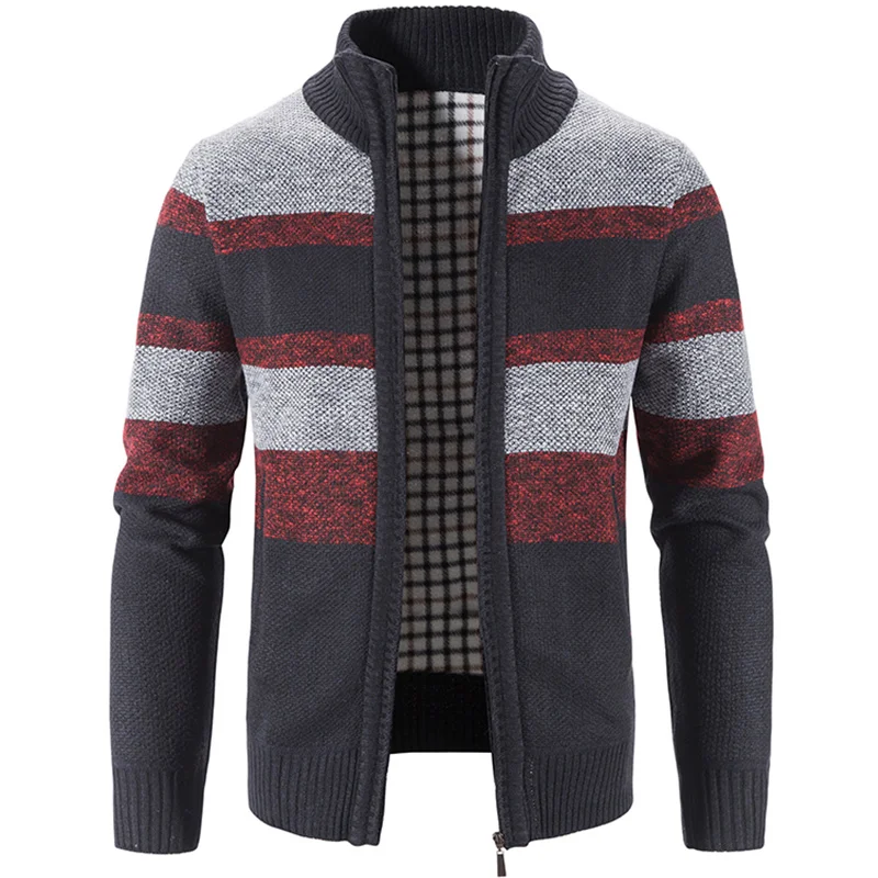 Men's Winter Striped Sweater Cardigan Patchwork Thick Warm Sweaters Coat Fleece Thick Warm Knitwear Zip Up Coat  Male Jacket