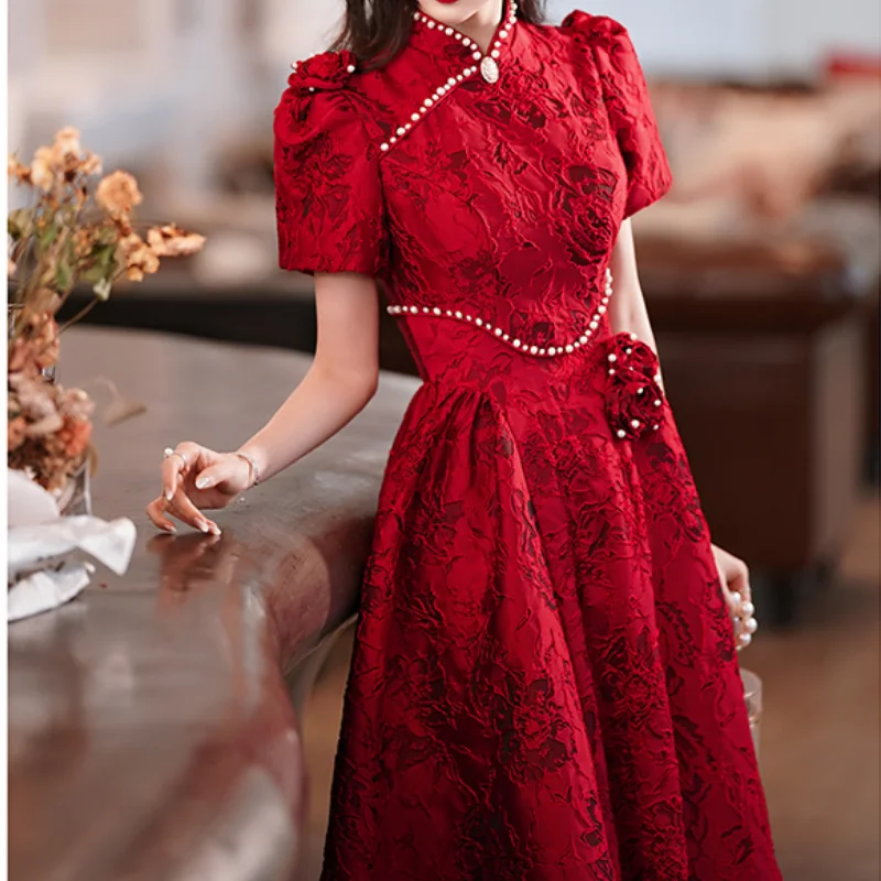 

Mandarin Collar Wedding Party Dress Female Qipao Toast Clothes Bridal Burgundy Engagement Dress Retro Palace Style Cheongsam 3XL