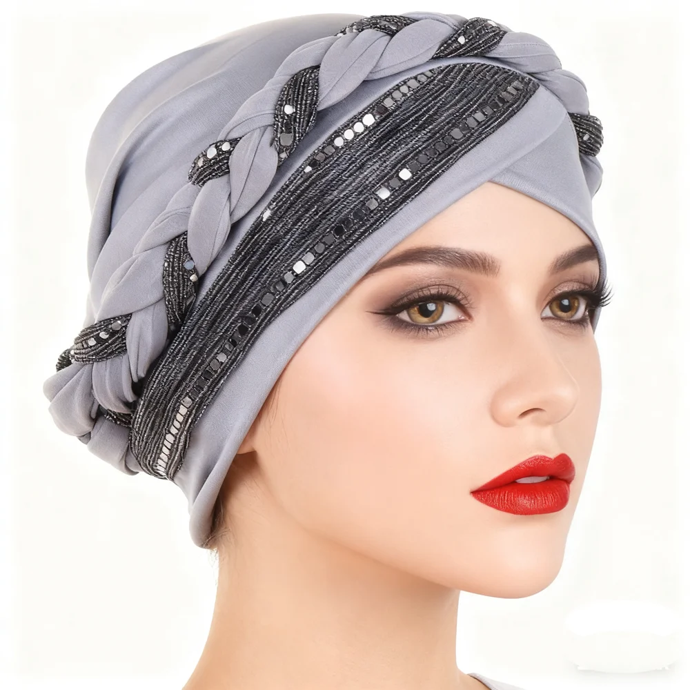 

Indian Women Ladies Sequin Braids Hijab Chemo Cap Bonnet Muslim Hair Loss Hat Turban Arab Headscarf Beanies Headwrap Cover Mujer