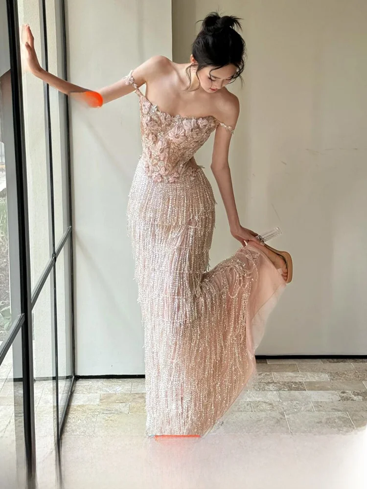 

Ele Розовое свадебное платье с кисточками, тяжелое рабочее помолвочное платье, вечернее платье, длинная юбка без свека для празднования свадьбы