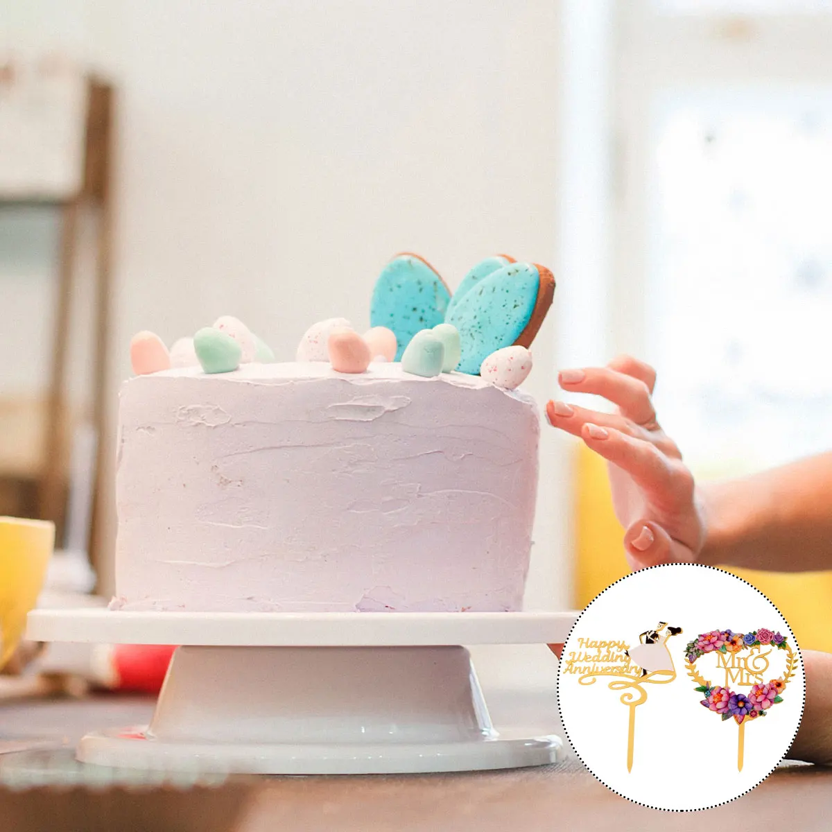 

2 pcs Cake Decoration Acrylic Bride Toppers Floral Wedding Picks Dessert Cupcake Reusable Rich Colors Strong Effect