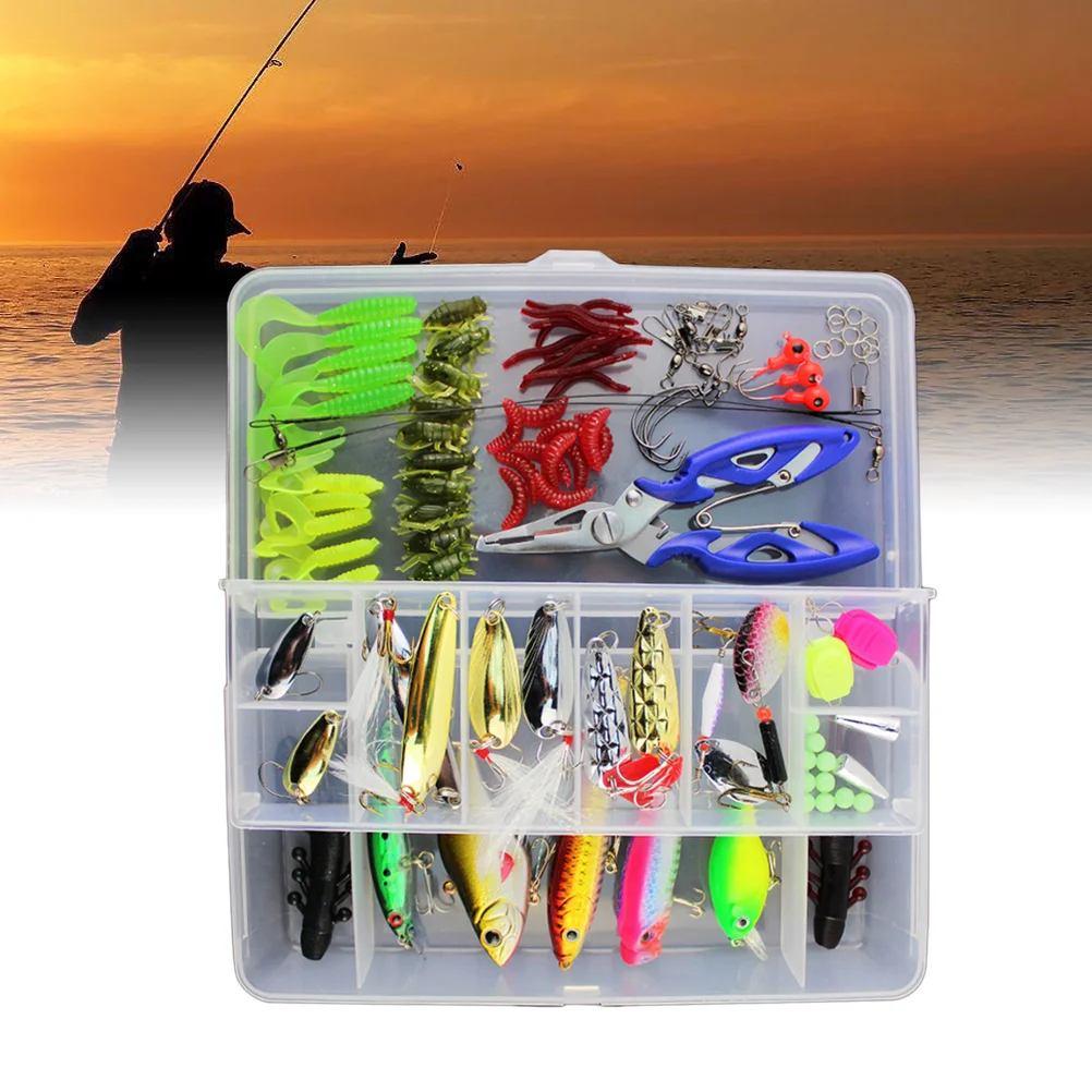 

101 Pcs Fishing Lures Kit Full Fishing Tackle Box Including Spinners Treble Hooks Single Hooks Swivels Pliers