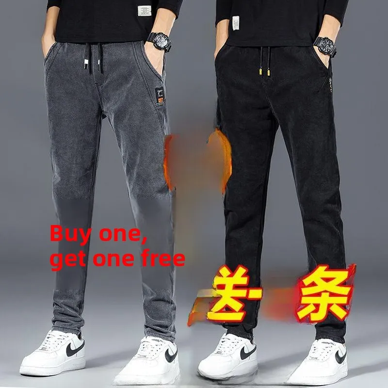 

Men's Winter Fce Lined Elastic Denim Jeans Thiened Straight Leg Casual Large Size Wear Resistant Work Trousers