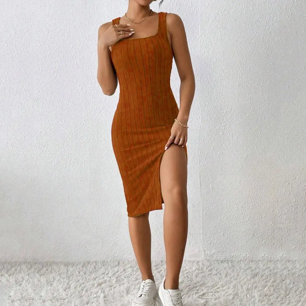 Women Square Neck Dress Sleeveless Side Split Dress Thread Solid Color OL Commute Club Party Midi Dress Stretchy Bodycon Dresses