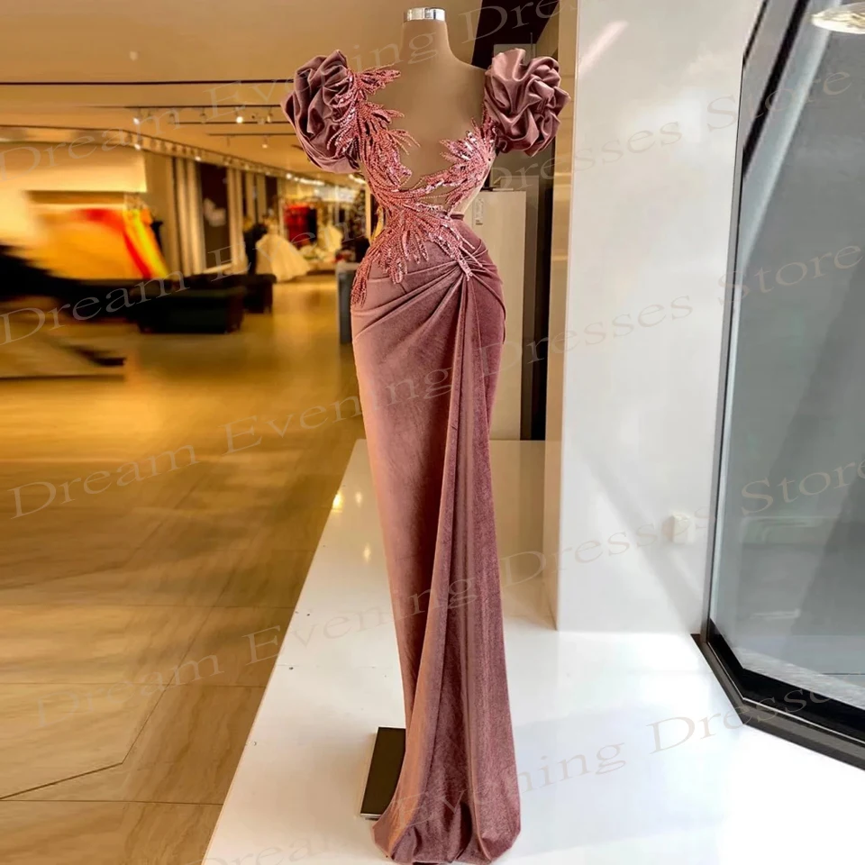 2024 Elegant Beautiful Pink Women's Mermaid Simple Evening Dresses New Short Sleeve Prom Gowns Appliques Pleated Formal Occasion