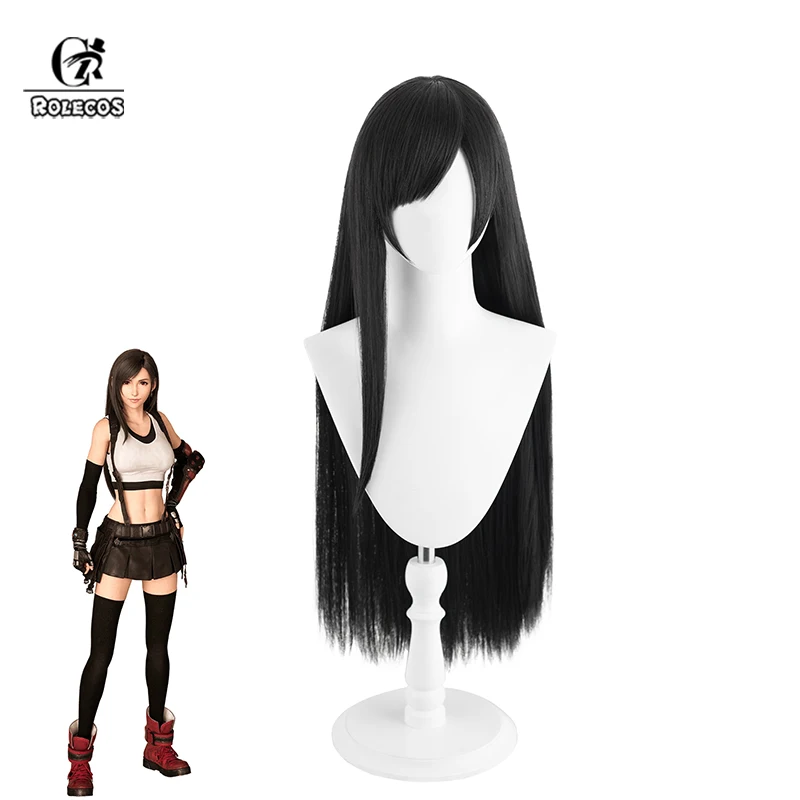 ROLECOS FF VII Tifa Wig Cosplay permainan FF7 remover 80cm Wig wanita hitam tahan panas peruca rambut sintetis