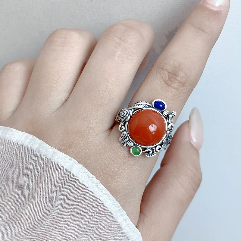 Vintge 925 Silver Round Red Agate Adjustable Ring for Women Girls Ethnic Style Flower Branch Finger Rings Jewelry Wholsale JZ130