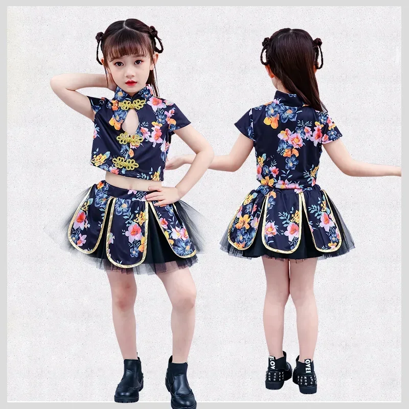 Children's Dance Costume Vintage Cheongsam Chinese Style Toddler Girls Jazz Dance Clothes Runway Fluffy Skirt Clothing