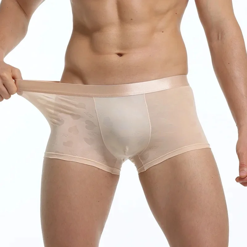 2026 Summer Men Ice Silk Boxer Briefs, Ultra Thin Transparent Heart Jacquard Sexy Breathable Thin Mens Underwear