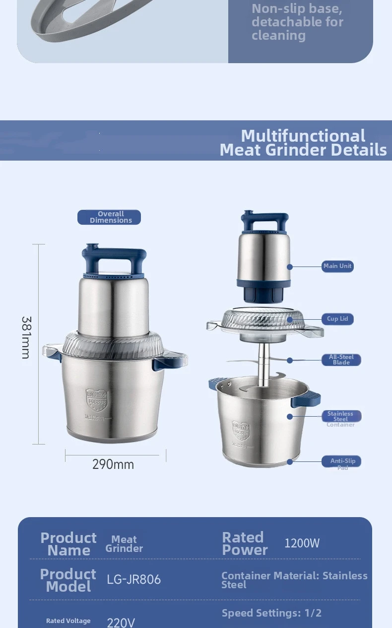 Professioneller kommerzieller 6-Liter-Fleischwolf, Edelstahl in Industriequalität, 2 Geschwindigkeiten einstellbarer 1200-W-Motor, für Metzgerladen/Rest – Detail 21