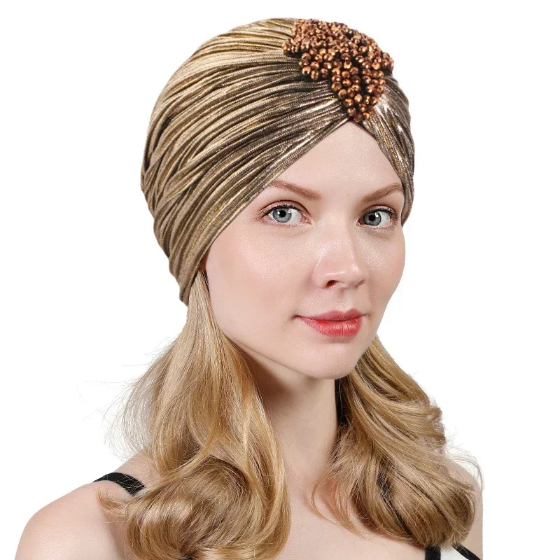 

Indian Beaded Turban Women Bonnet Muslim Shiny Hijab Pleated Chemo Cap Wrap Headscarf Beanies Hair Loss Headwear Turbante Mujer