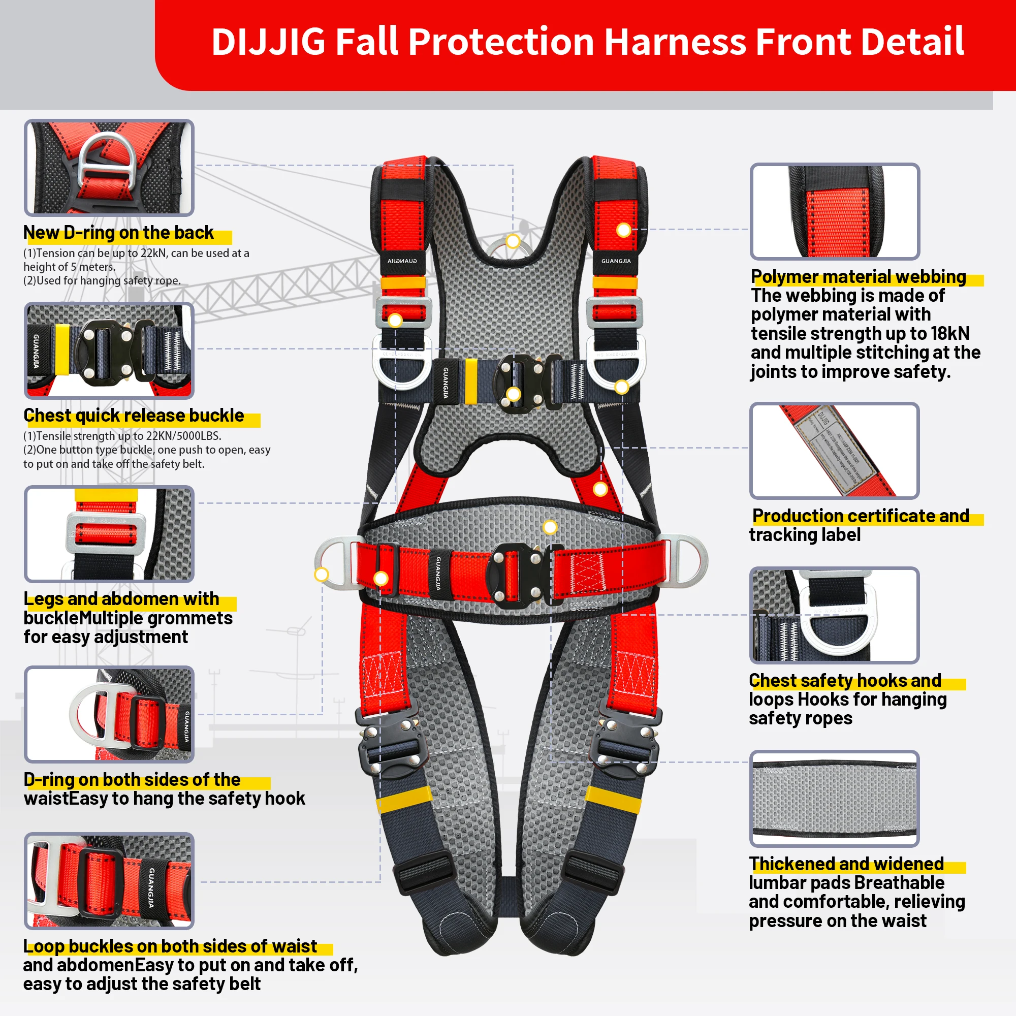 เข็มขัดนิรภัยแบบเต็มตัวสำหรับงานที่สูง ขายดี คุณภาพระดับมืออาชีพ ป้องกันการตก