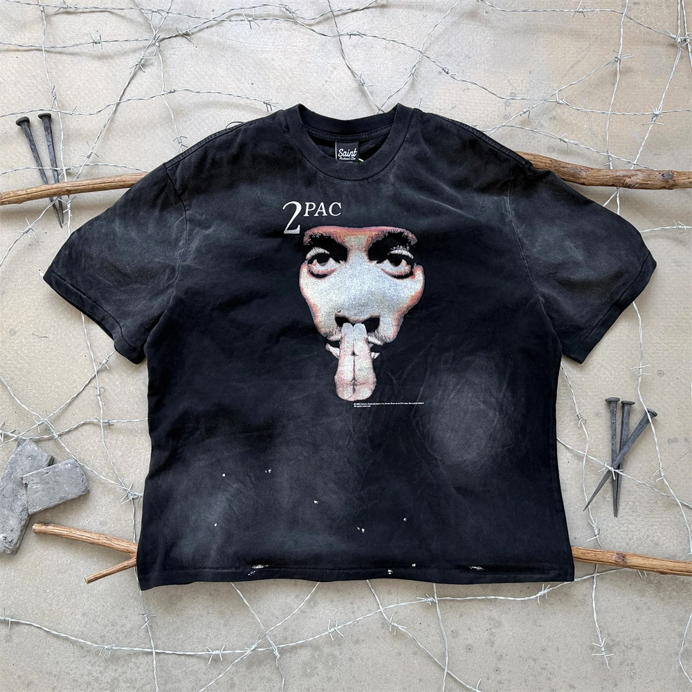 Nice Washed Hole Saint 2PAC Cross Relief T-Shirt Men Women High Quality Summer Style Short Sleeved Top T Shirt Tee Tops