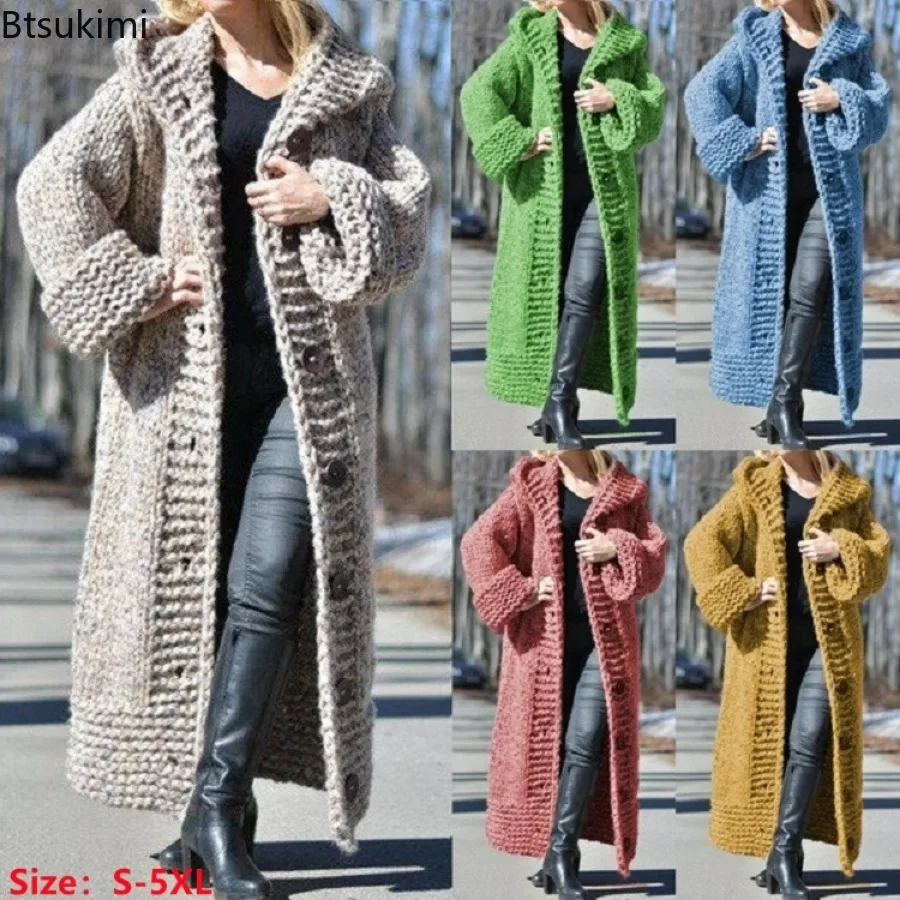 2024Women\'s Thick Warm Knitted Cardigan Jackets  Autumn Winter Cardigan Sweater Female Hooded Loose Long Coat Plus Size Sweaters