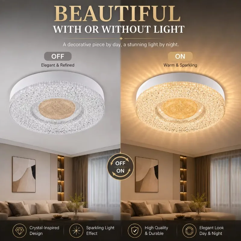 RUNTOIN Modern Dimmable LED Crystal Ceiling Light Flush Mount 24/36/48W Chandelier Bedroom Living Room Kitchen Options Available