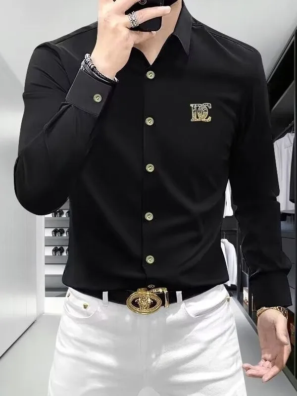 

New Spring Luxury Men's Long Sve Casual irt Anti-Wrinkle Easy Care Polyester Fiber Slim Fit Busin Casual irt