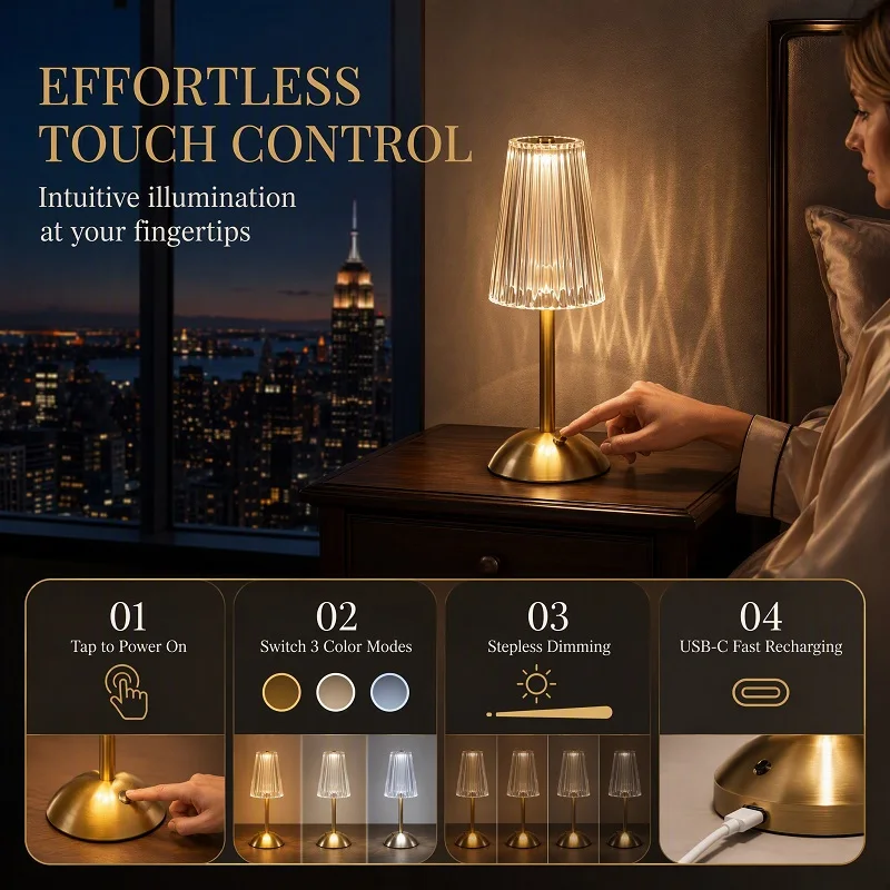 Dimmable Desktop Decor Night Light Table Lamp 50000h Eye-Care LED Core Switch 3 Color Modes Brushed Gold Aluminum USB-C Fast Recharging Stepless Fluted Prismatic Shade Dimming LED Touch Sensor Rechargeable Wireless Reading Lamp for Hotel Bar Bedroom Light