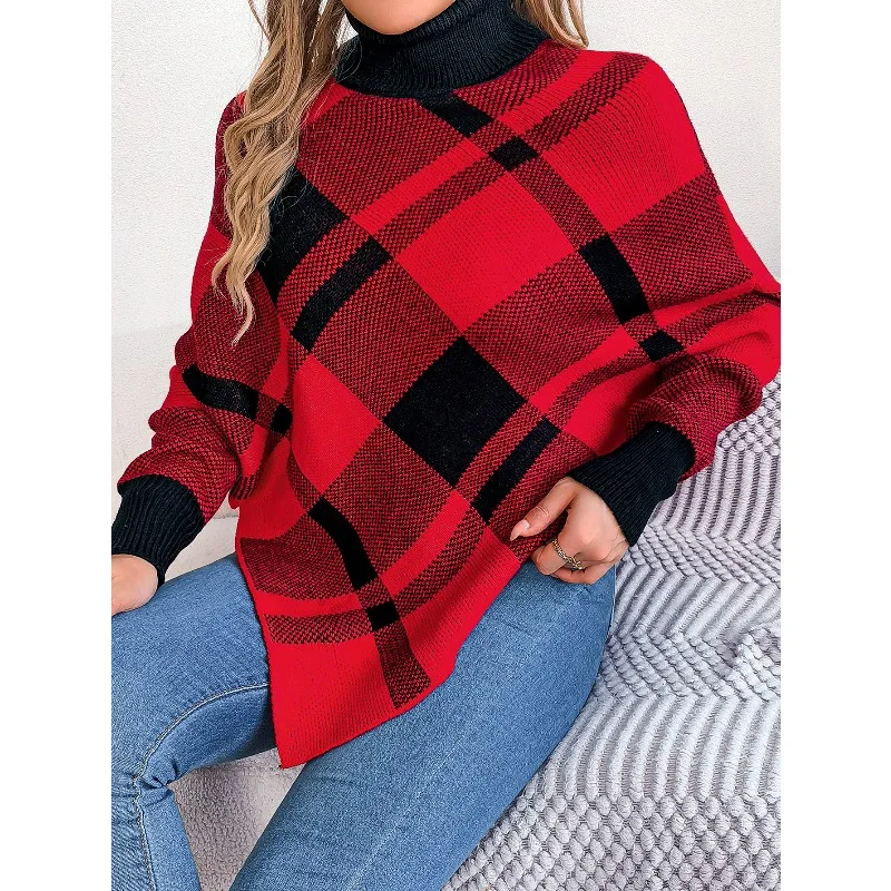 

2025 Autumn and Winter Casual Contrasting Color Plaid Turtleneck Long-sleeved Cape Sweater Christmas