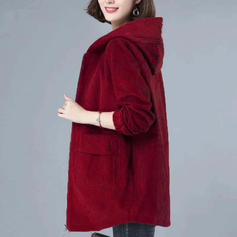Cappotto giacca a vento per madre di mezza età con cappuccio casual 2189 Giacca in velluto a coste per donna Autunno Nuovo coreano