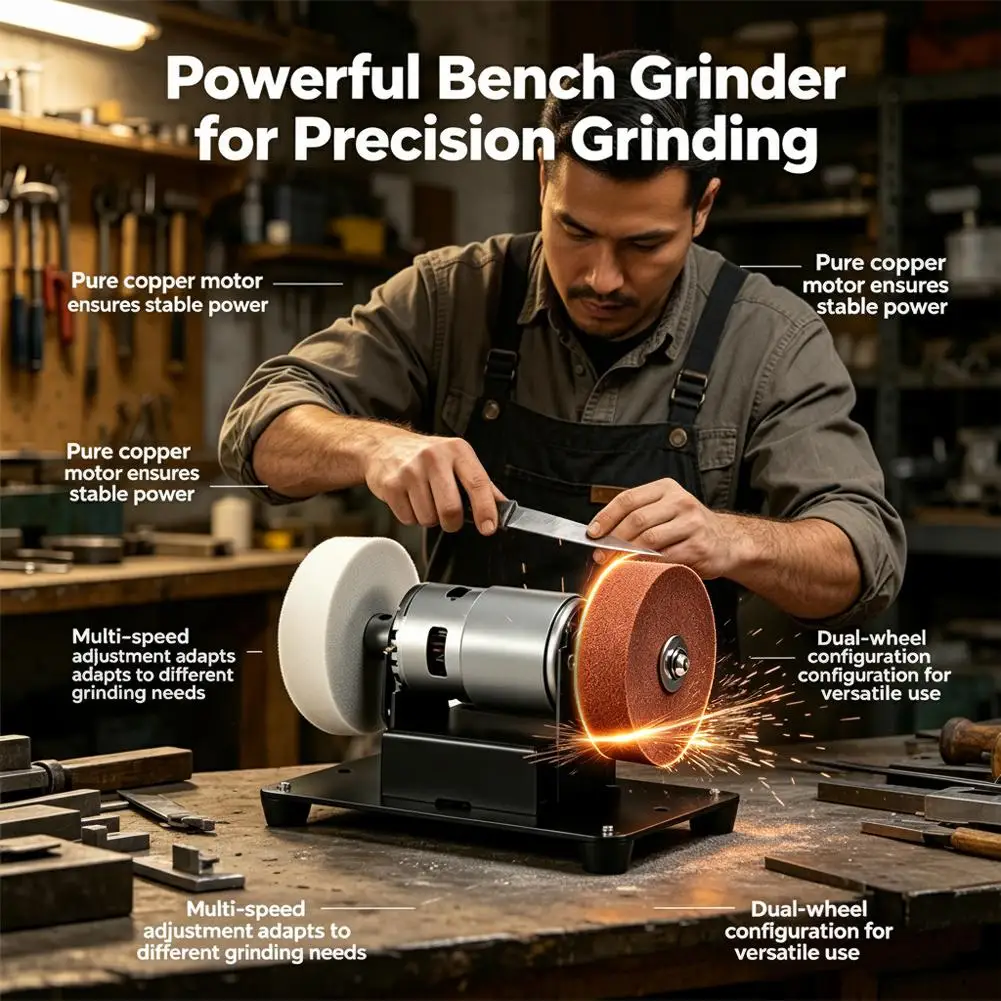 Industrial 100W Portable Mini Bench Grinder Pure Copper Motor Speed Adjustable Desktop Grinding Wheel Knife Sharpener EU Plug view 4