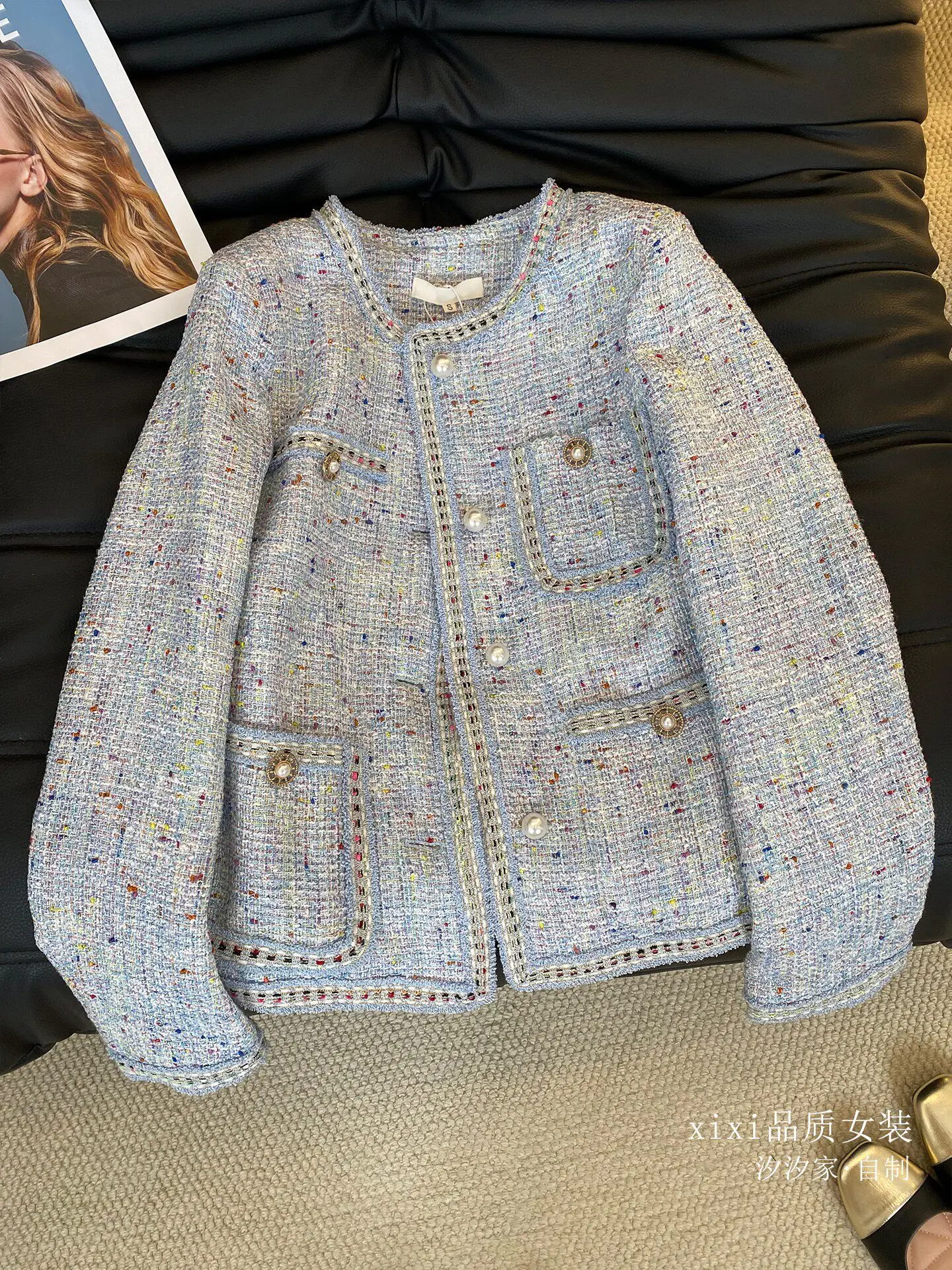 New Blue and pink coat, high-end heiress and socialite temperament, gold thread tweed top Jackets