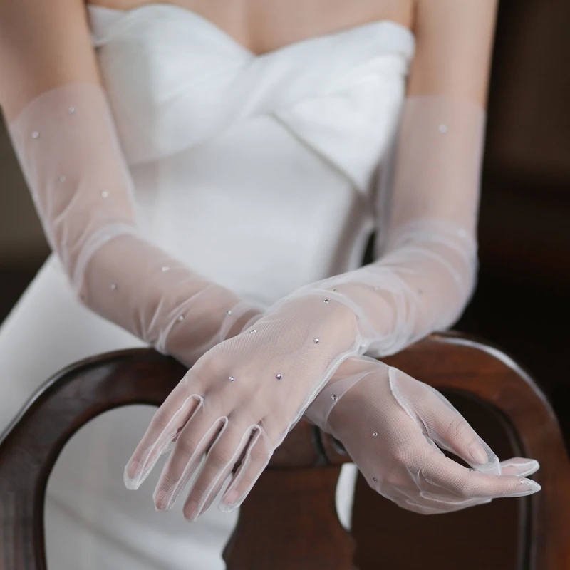 New Rhinestone Bridal Long Tulle Gloves, Elegant Fairy White Gloves for Wedding Dinner, Photo Shooting Wedding Accessory