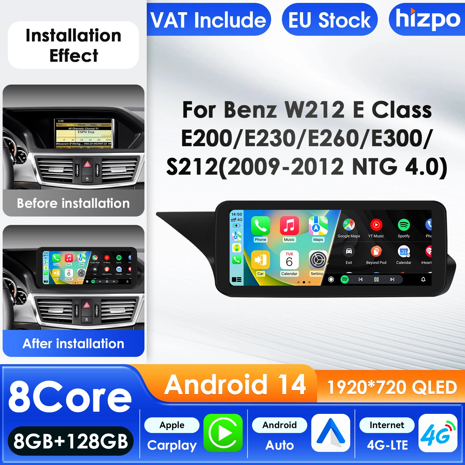 Hizpo 4G AI Systems Android 14 Autoradio für Mercedes Benz E-Klasse W212 2009–2016 Multimedia-Video-Player GPS 2 Din Autoradio