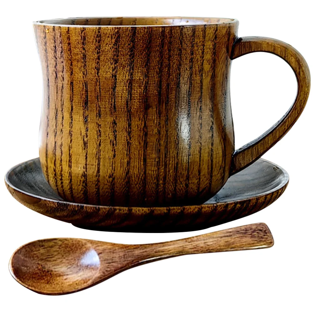 

Handmade Wooden Cup Set Coffee Tea Mug Saucer Spoon Smooth Easy Clean Creative Exquisite Kitchen Barware